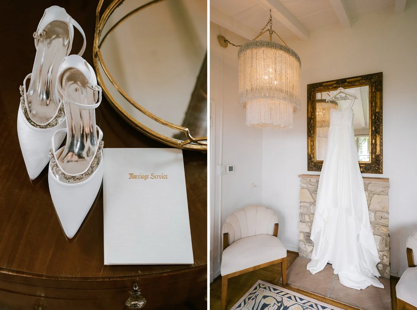 a wedding dress hanging in the bridal suite of la venta inn in palos verdes california