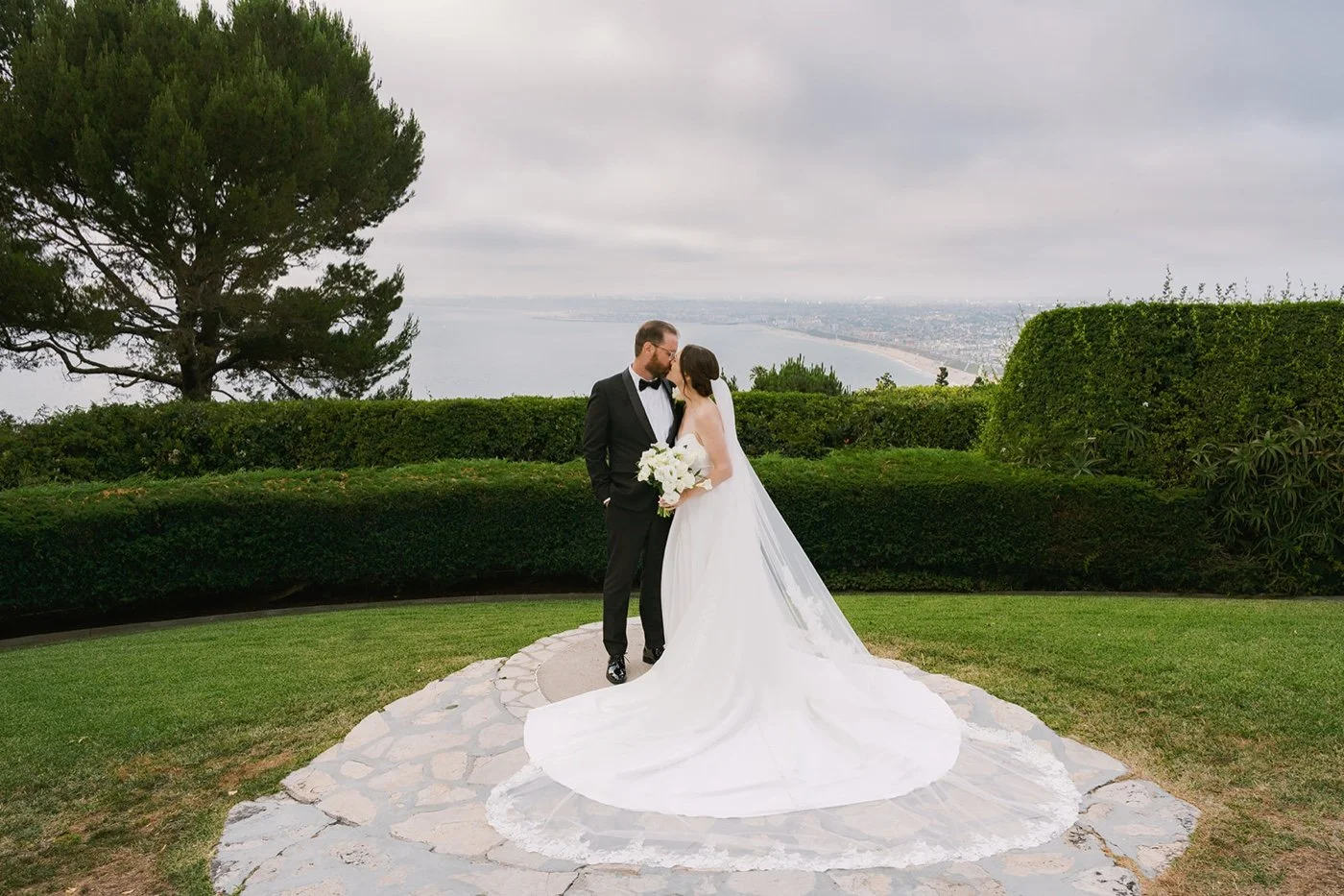 a portrait of a bride and groom at their la venta inn wedding in palos verdes estates california