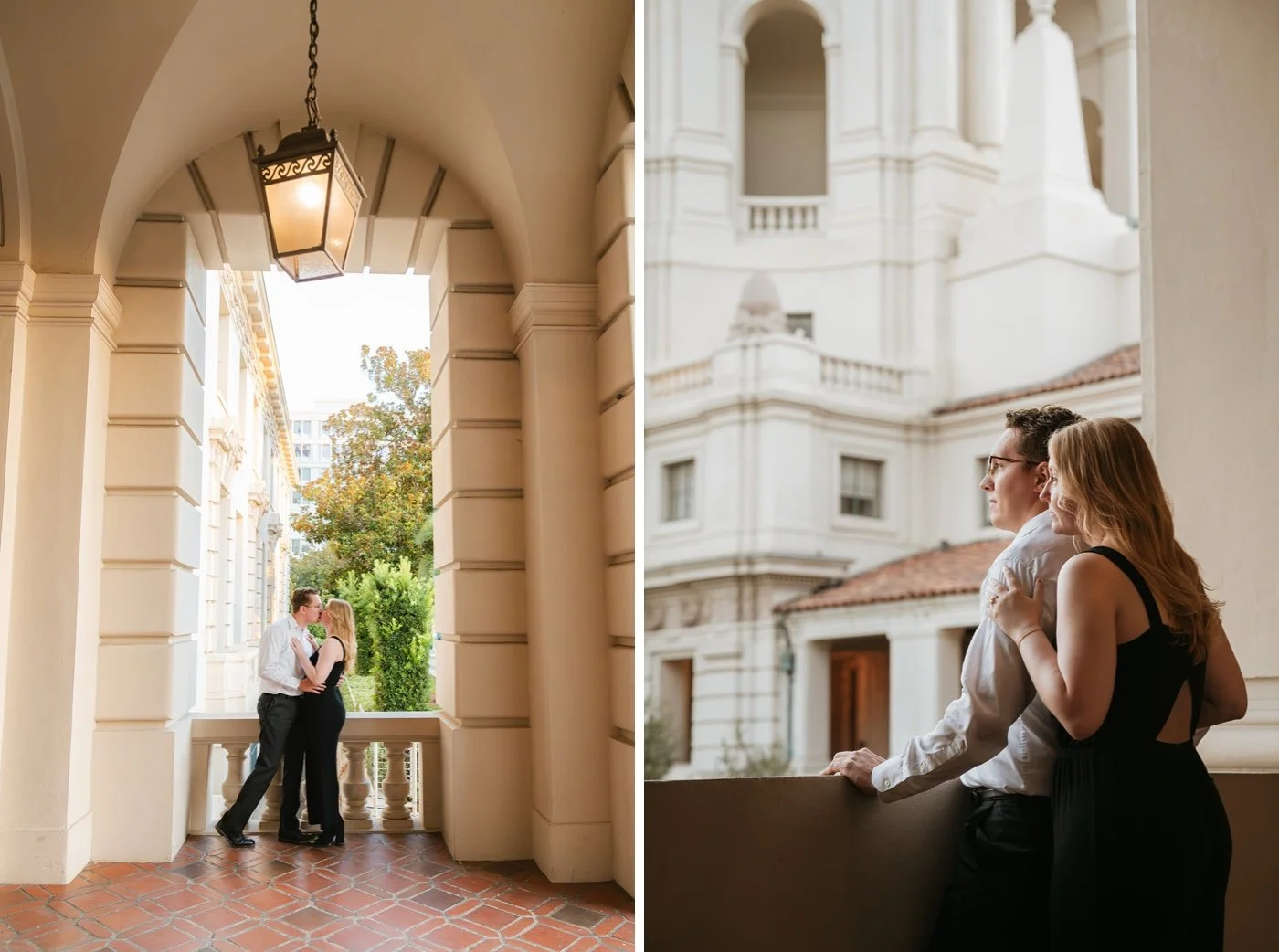man and woman taking engagement photos at pasadena city hall