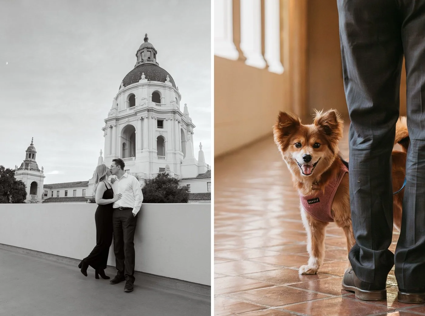 man and woman taking engagement photos at pasadena city hall