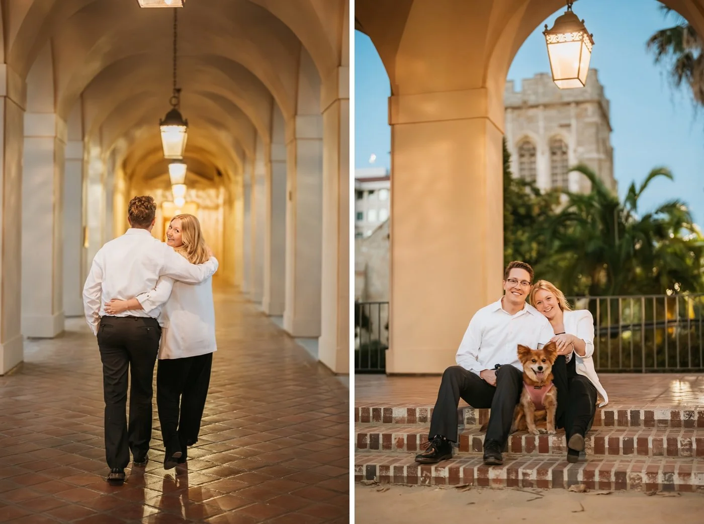 man and woman taking engagement photos at pasadena city hall