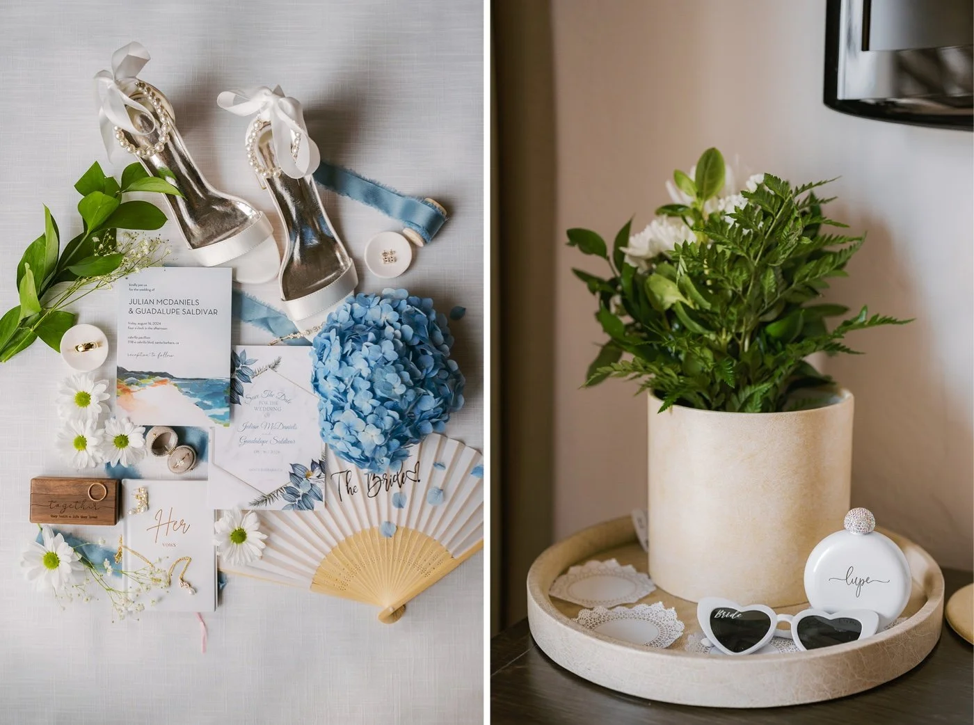 a blue and white wedding details flat lay