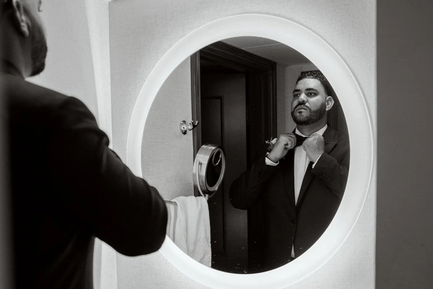 groom getting ready for his wedding at cabrillo pavilion in santa barbara