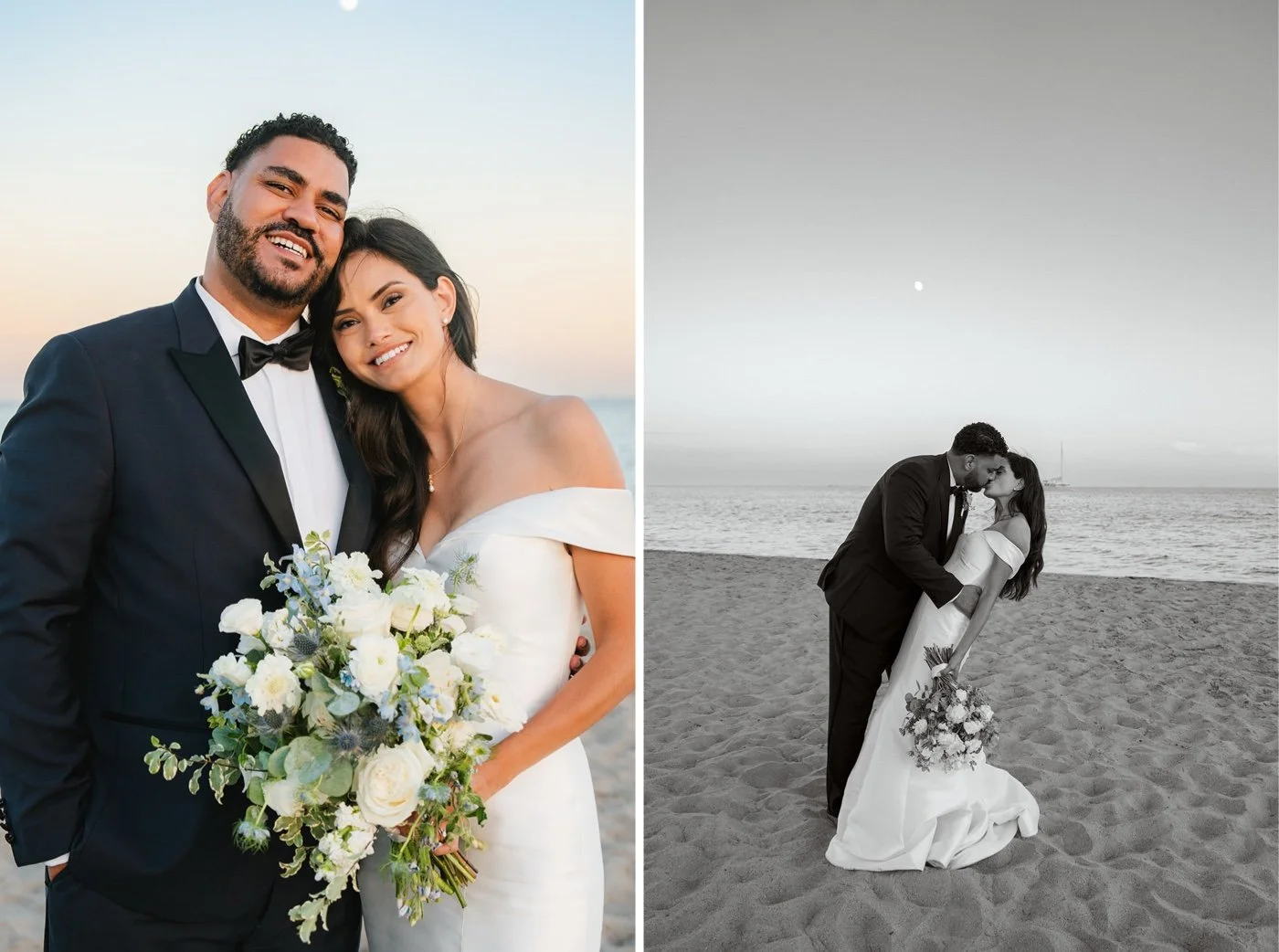 bride and groom taking portraits on the beach at their cabrillo pavilion wedding in santa barbara
