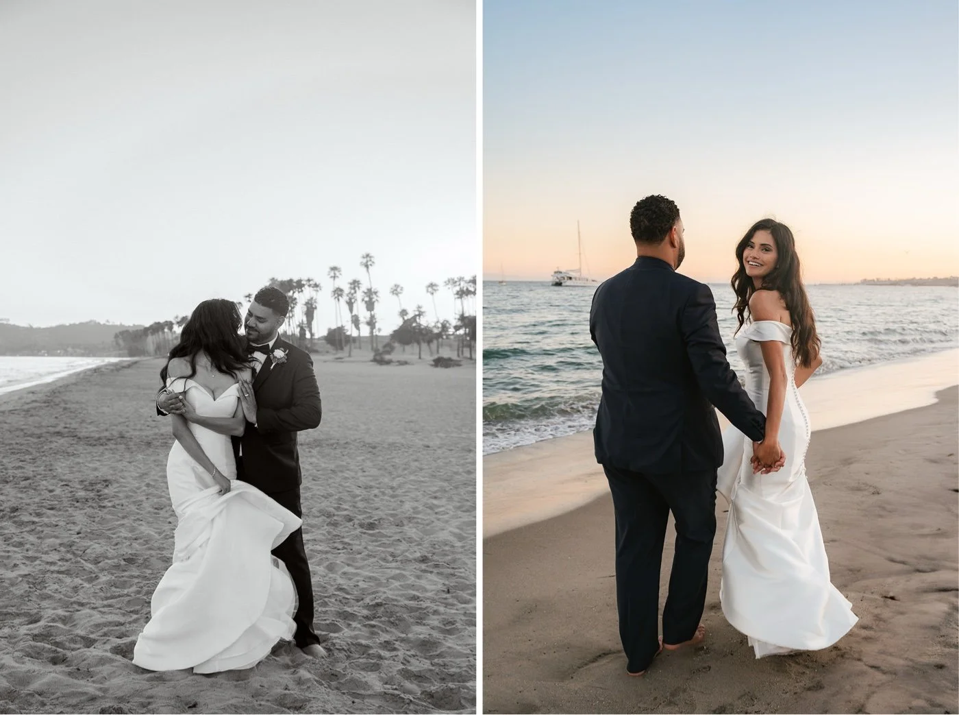 bride and groom taking portraits on the beach at their cabrillo pavilion wedding in santa barbara