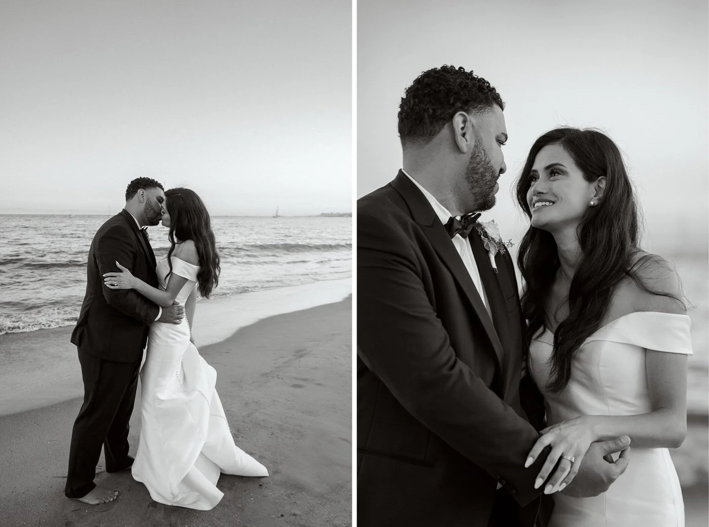 bride and groom taking portraits on the beach at their cabrillo pavilion wedding in santa barbara