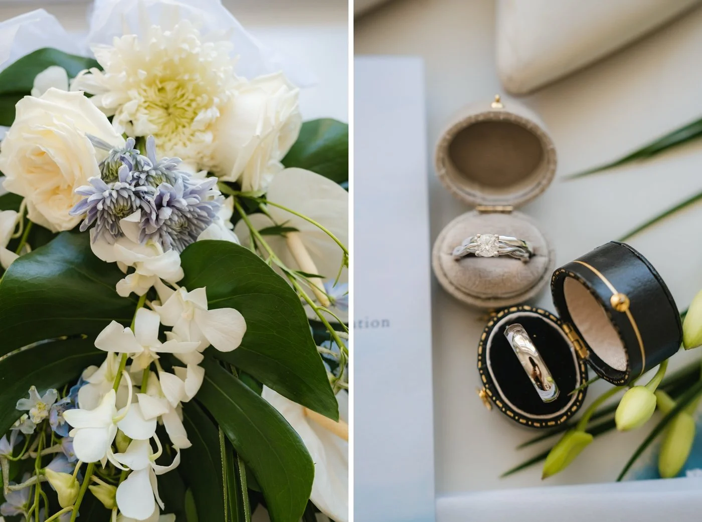 tropical wedding detail flat lay
