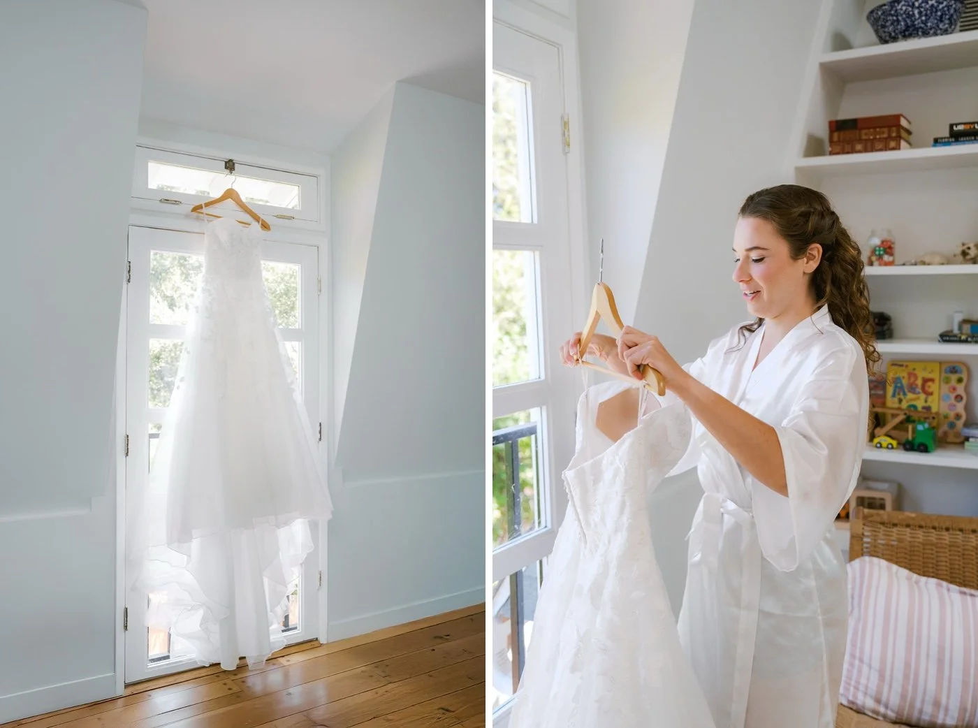 bride getting dressed on her wedding day in malibu