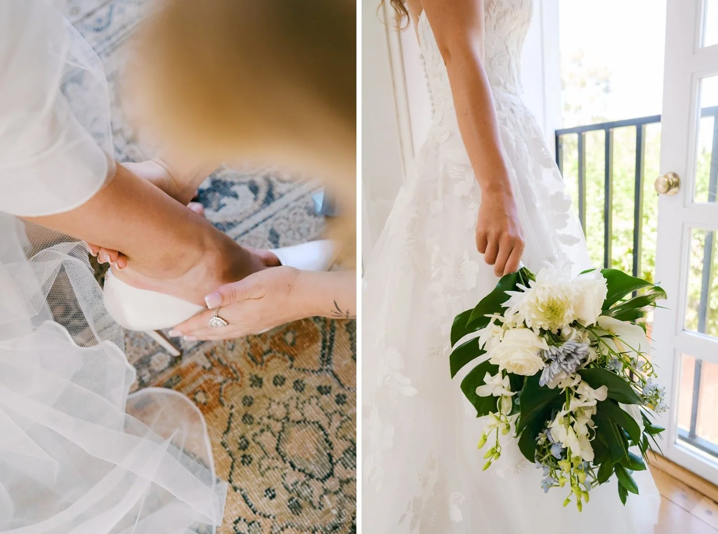 bride getting dressed on her wedding day in malibu with a tropical bouquet
