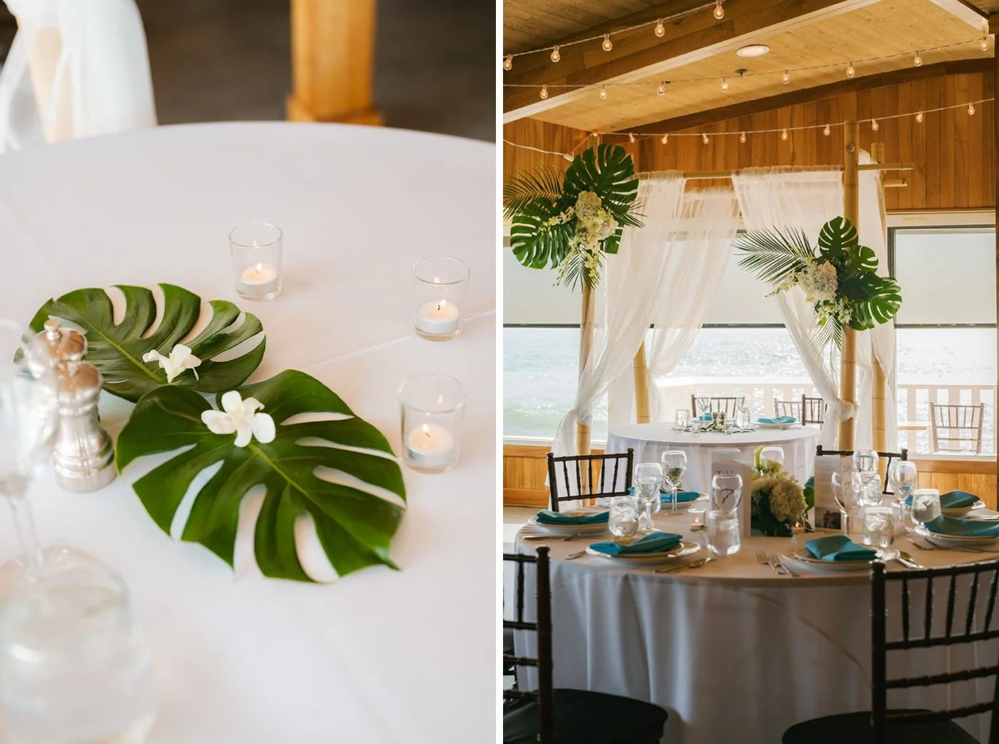 wedding reception with tropical details at duke's malibu in california
