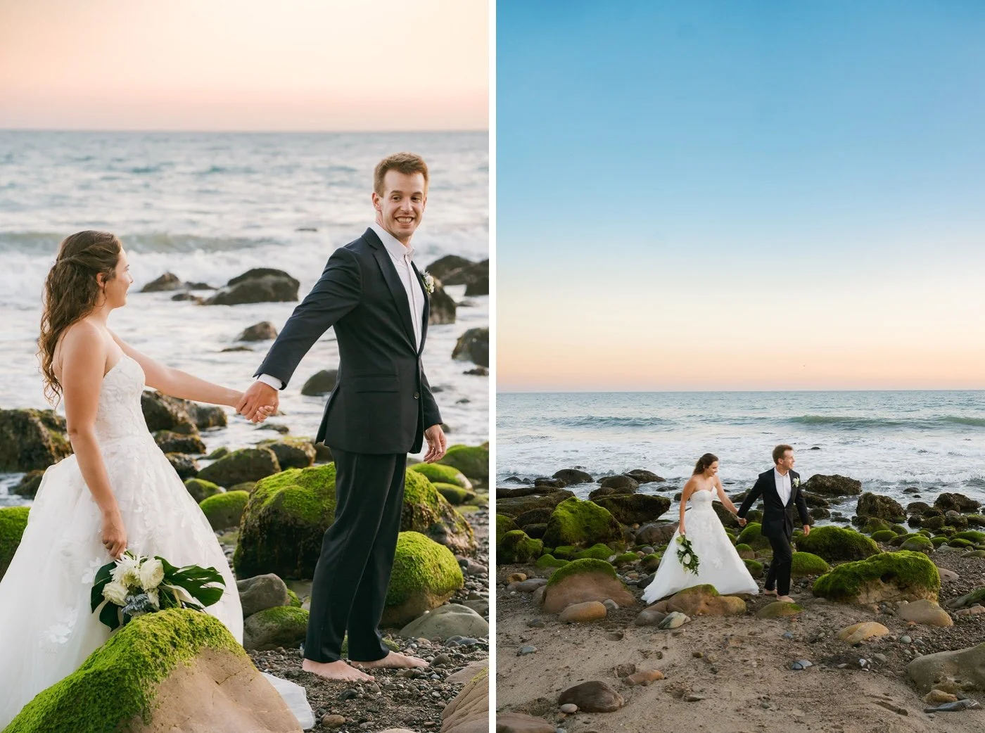 bride and groom taking portraits at sunset at their duke's malibu wedding