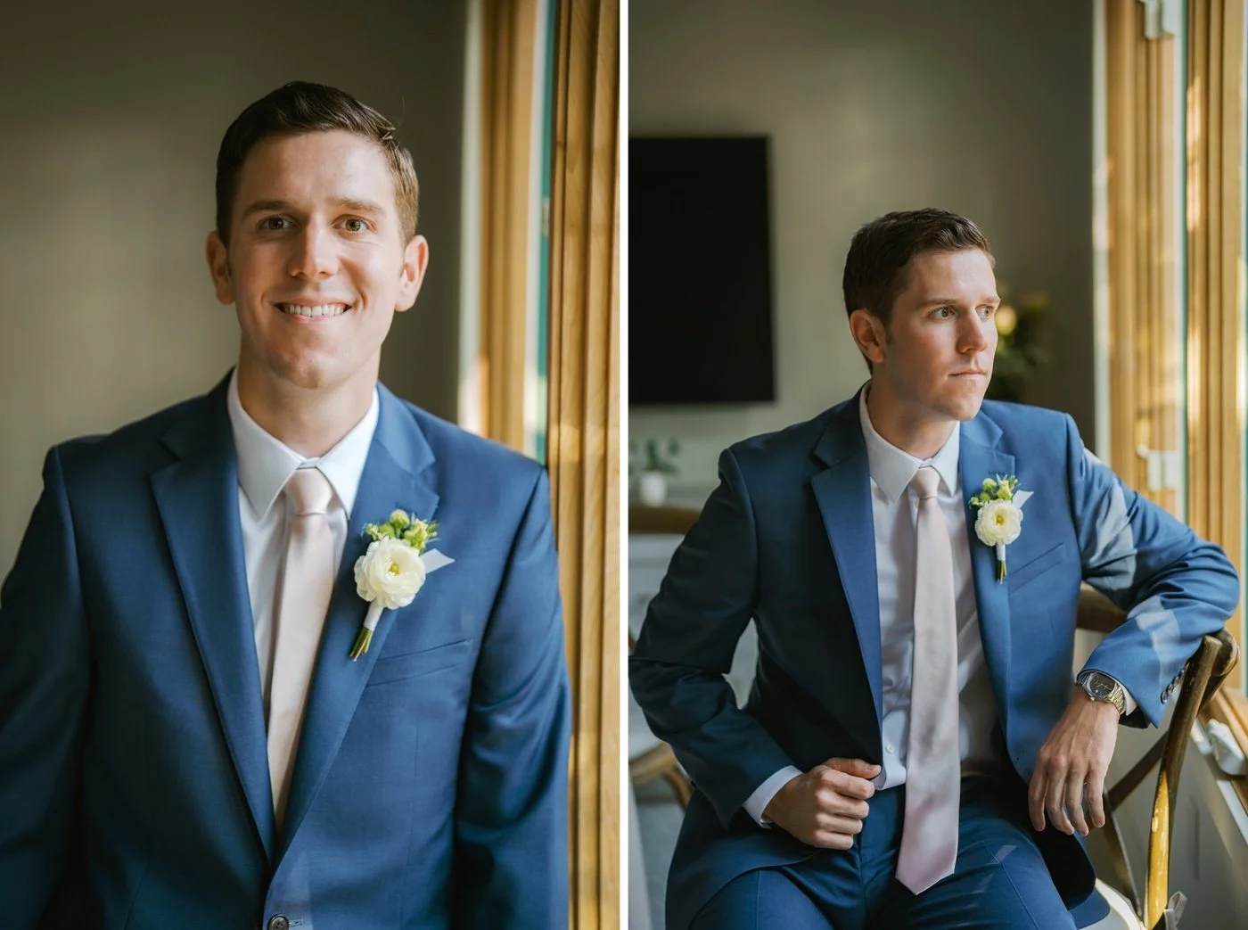 portrait of a groom in a blue suit on the morning of his wedding