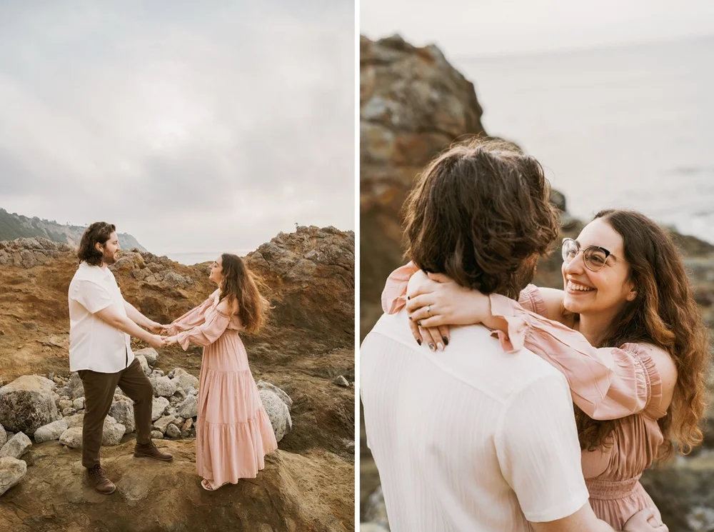Close-up engagement photo with natural light and coastal scenery in Palos Verdes