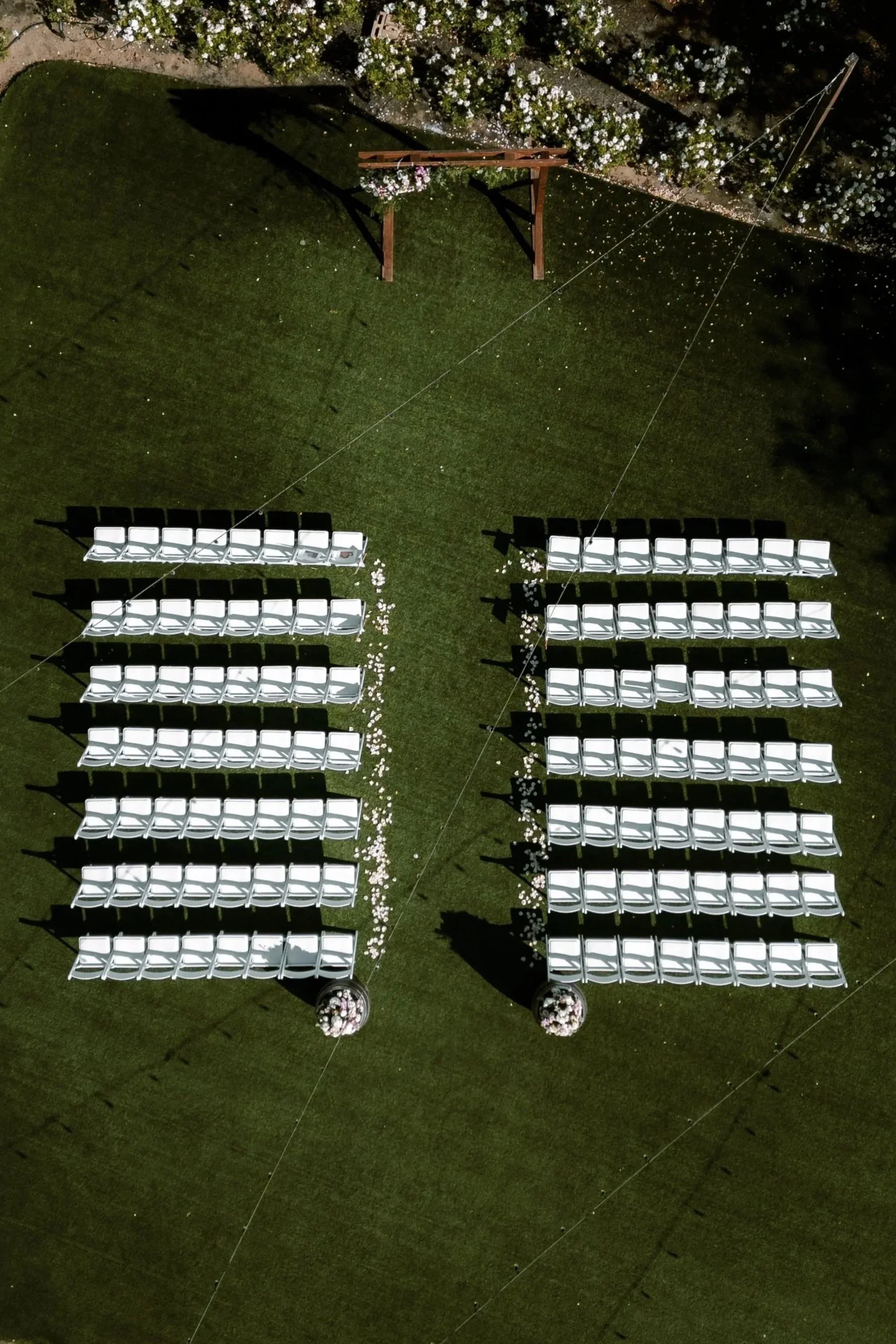 a drone photo of a wedding ceremony setup in southern california