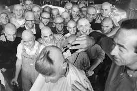 Synanon members watching a member have their head shaved