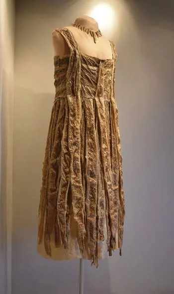 The rattlesnake dress hanging in the museum