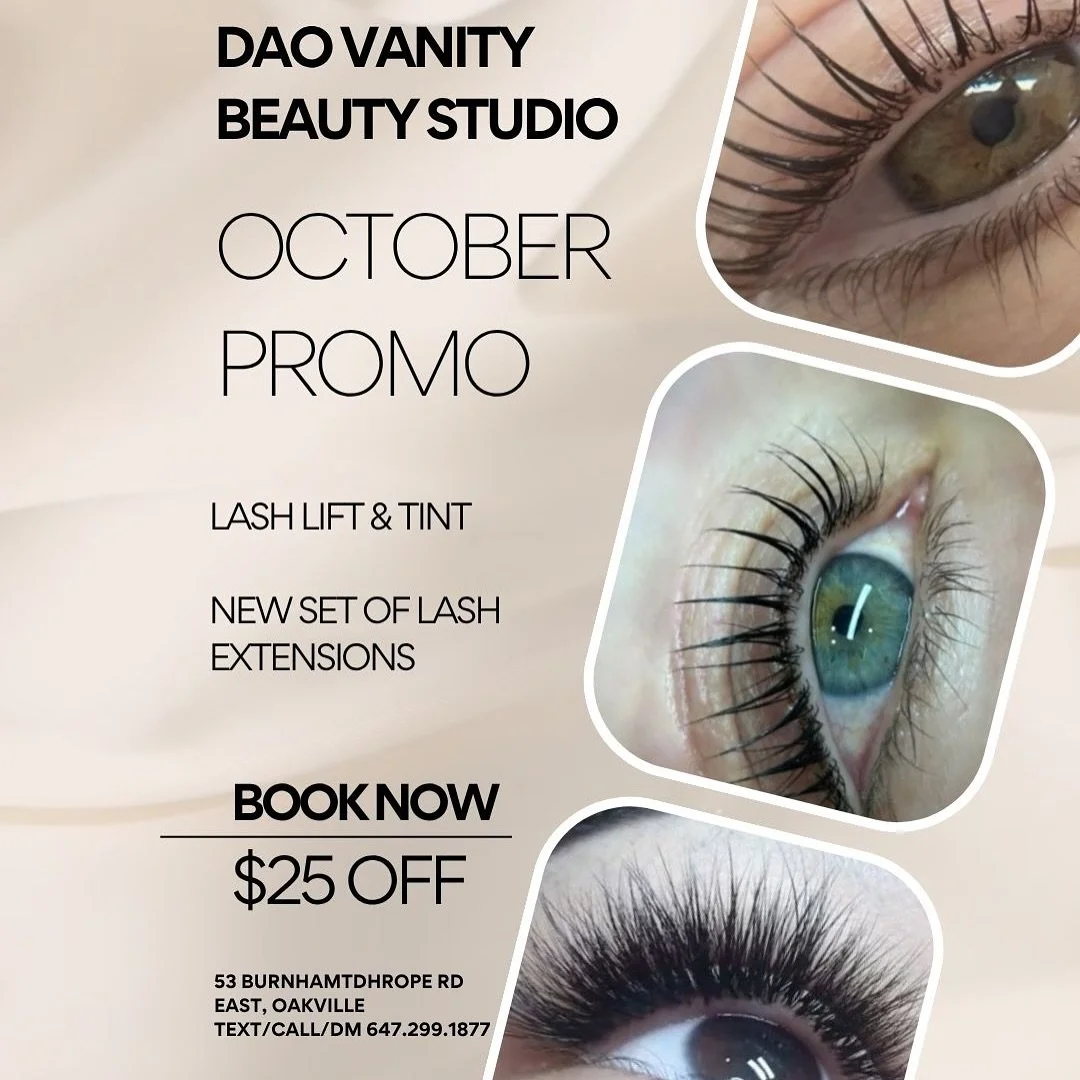 October Lash Specials at Dao Vanity 
This month, treat yourself to flawless lashes with our talented lash artists:

@daovanitystudio_miso 
$25 OFF Lash Lift &amp; Tint with Miso &ndash; your natural lashes, lifted, tinted &amp; ready to go! 

@daovan