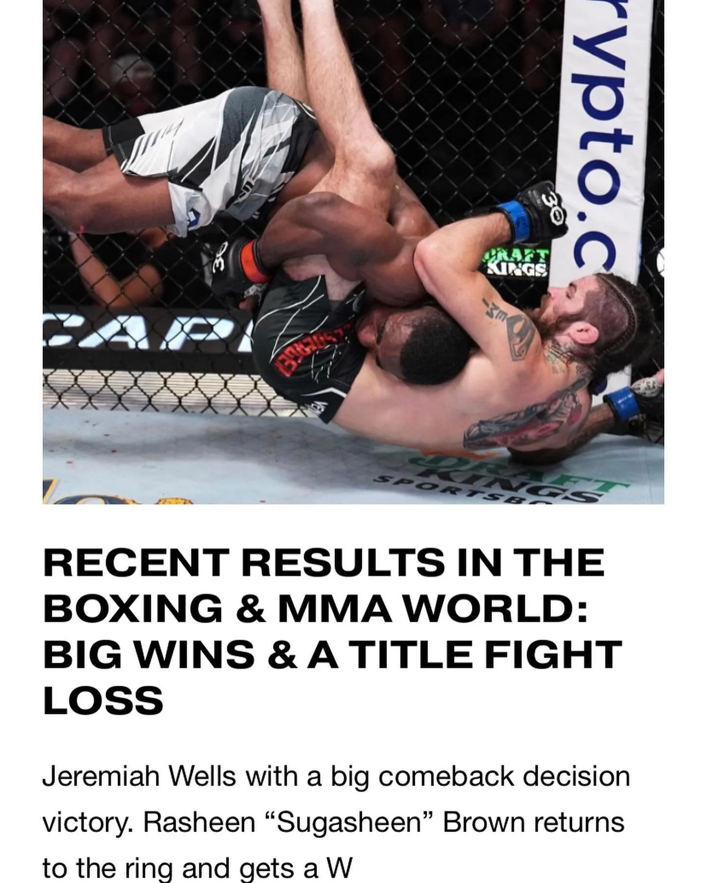 SCROLL for clips and check the full article on TheCityRoot.com — big wins from Jeremiah Wells in the UFC and Sugasheen Brown in his return to the boxing ring. The next big fight in the ring is the Champ, Cool Boy Steph Fulton in Japan this summ