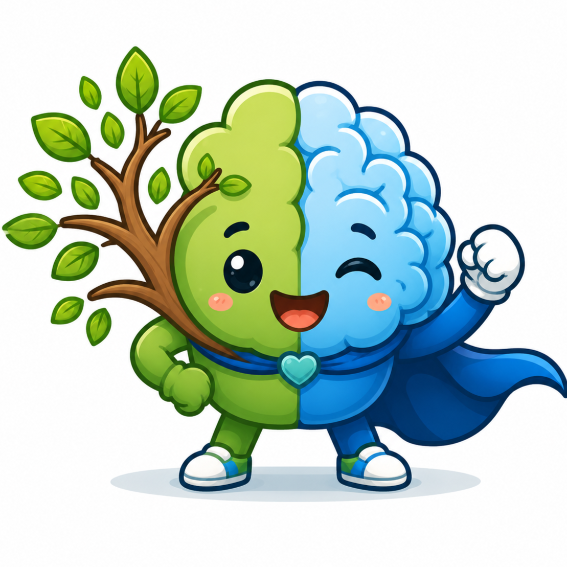 Cute cartoon character with a split face, one side a green tree and the other a blue brain, wearing a superhero cape and making a fist.