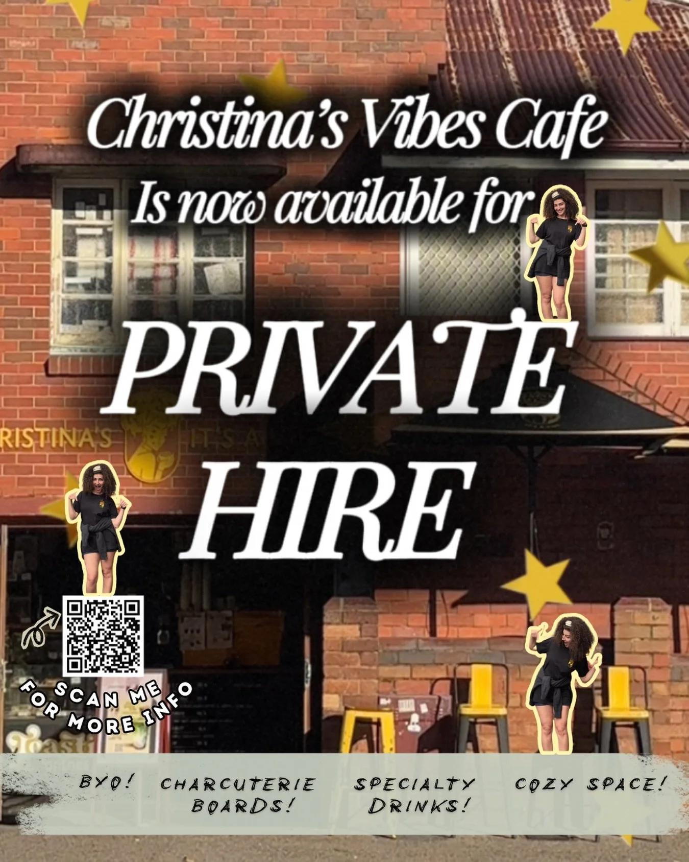 Your next celebration deserves better than a boring venue. 💛

Christina&rsquo;s Vibes Caf&eacute; is available for private hire!!! birthdays, team celebrations, graduations, baby showers, and everything in between.

Think&hellip;
⭐️ charcuterie boar
