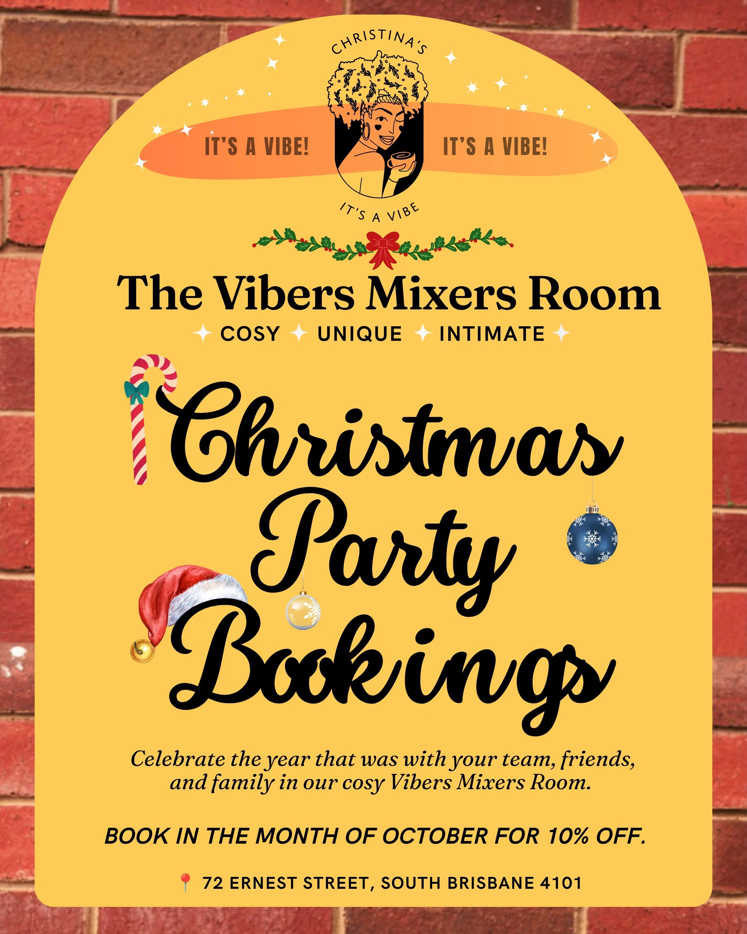 🎄 Christmas party bookings are open! 🎄

Celebrate the year that was with your team, friends and family in our cosy Vibers Mixers Room.

Book in October and get 10% off. Offer ends 31 October. 💛

✨ $55pp
✨ A Christmas themed grazing spread
✨ A spec