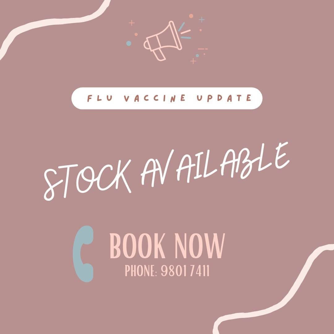 We have opened bookings for flu vaccine clinics, commencing 27th April.

Secure your appointment by calling Reception on 9801 7411 ⭐️
.
.
.
#fluvaccine #availablenow #medicalcentre #healthcare #wantirnasouth #fluseason #protectyourself