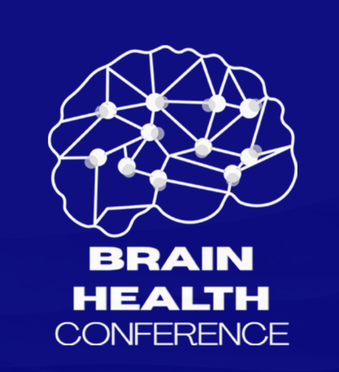 Illustration of a brain with connected nodes, representing brain health, with the text 'Brain Health Conference' on a blue background.