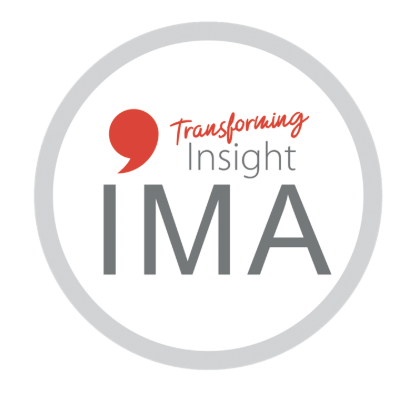Logo with a red speech bubble, the words 'Transforming Insight' in red and gray, and the large gray letters 'IMA' inside a gray circle.