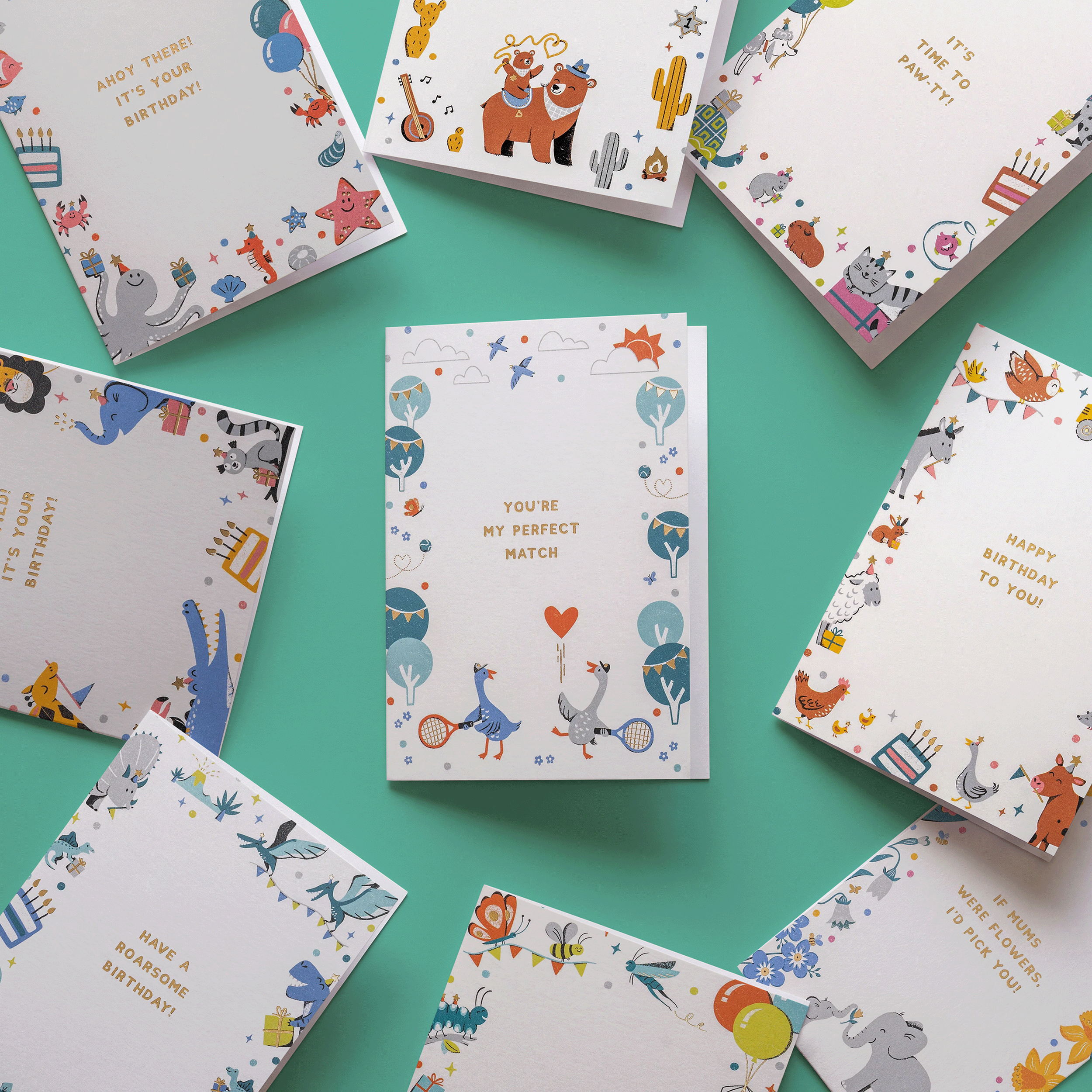 Retro Mid-century illustrated greetings cards with cute animals, valentines day, mothers day, fathers day, childrens birthday