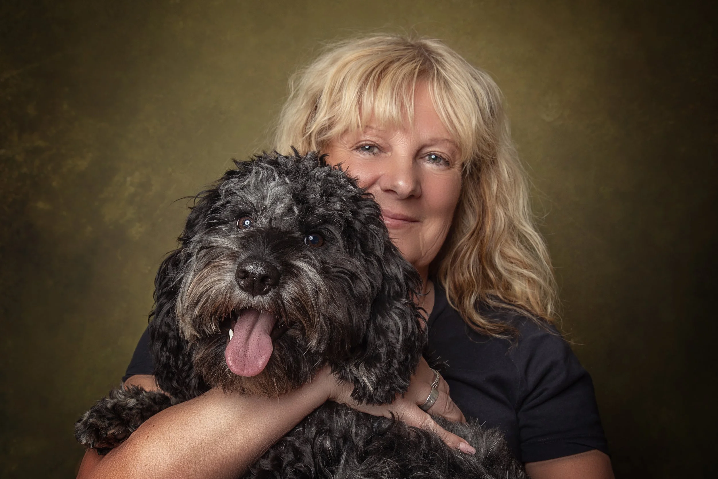 In home fine art studio dog portrait of a cockapoo with her owner by Jane Rowland Photography