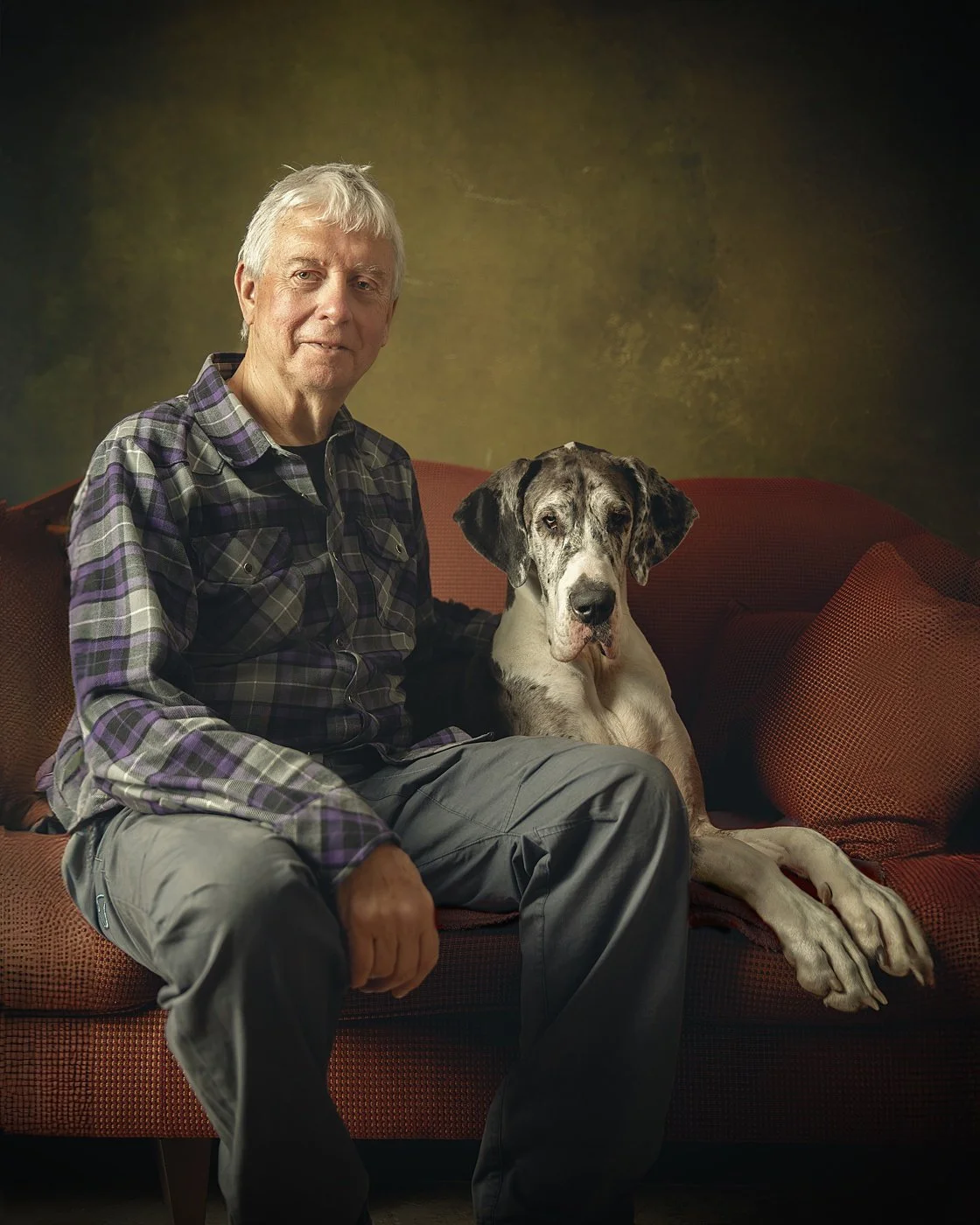 In home fine art studio dog portrait of a Great Dane with her owner by Jane Rowland Photography