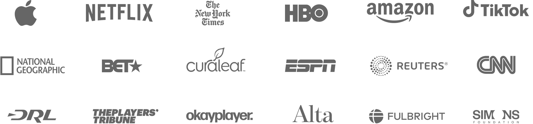 Client list includes Apple, Netflix, The New York Times, HBO, Amazon, TikTok, BET, CNN, The Simons Foundation