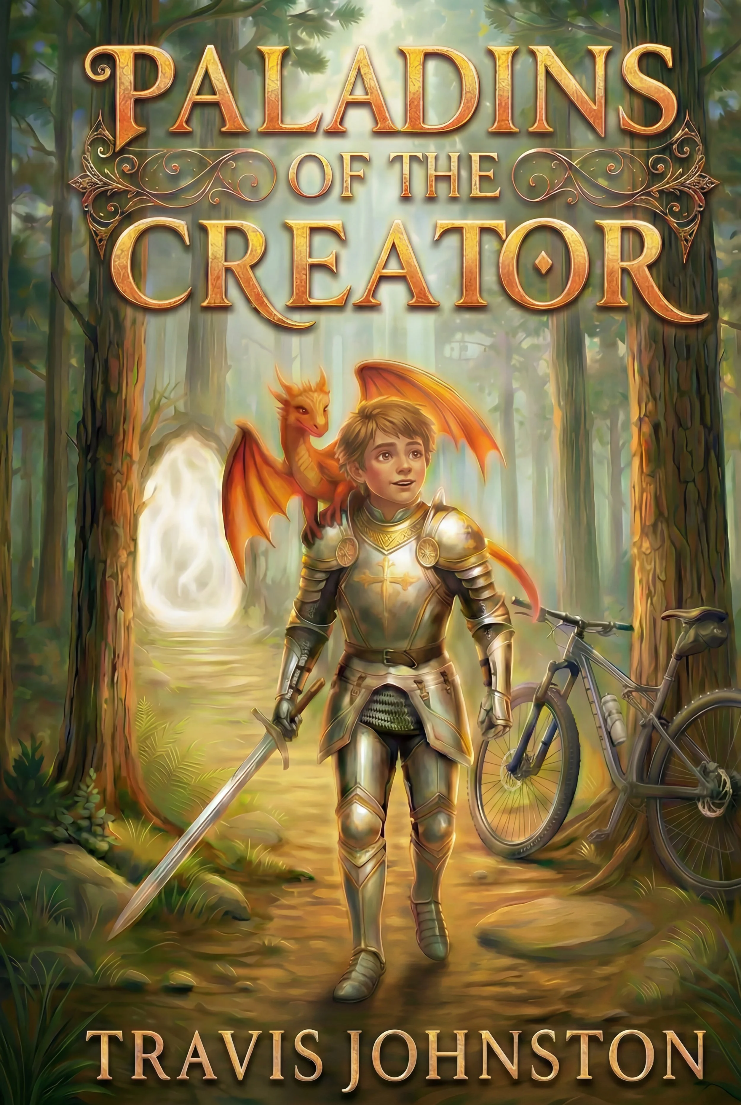 Book cover titled 'Paladins of the Creator, Book 1' by Travis J. Johnston. Features a young male knight in shining armor holding a sword, with a small orange dragon perched on his shoulder. The background depicts a forest with a glowing portal or light in the distance.