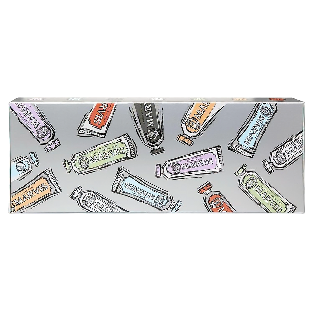 Box featuring colorful, illustrated tubes of Marvis toothpaste in various colors and flavors.
