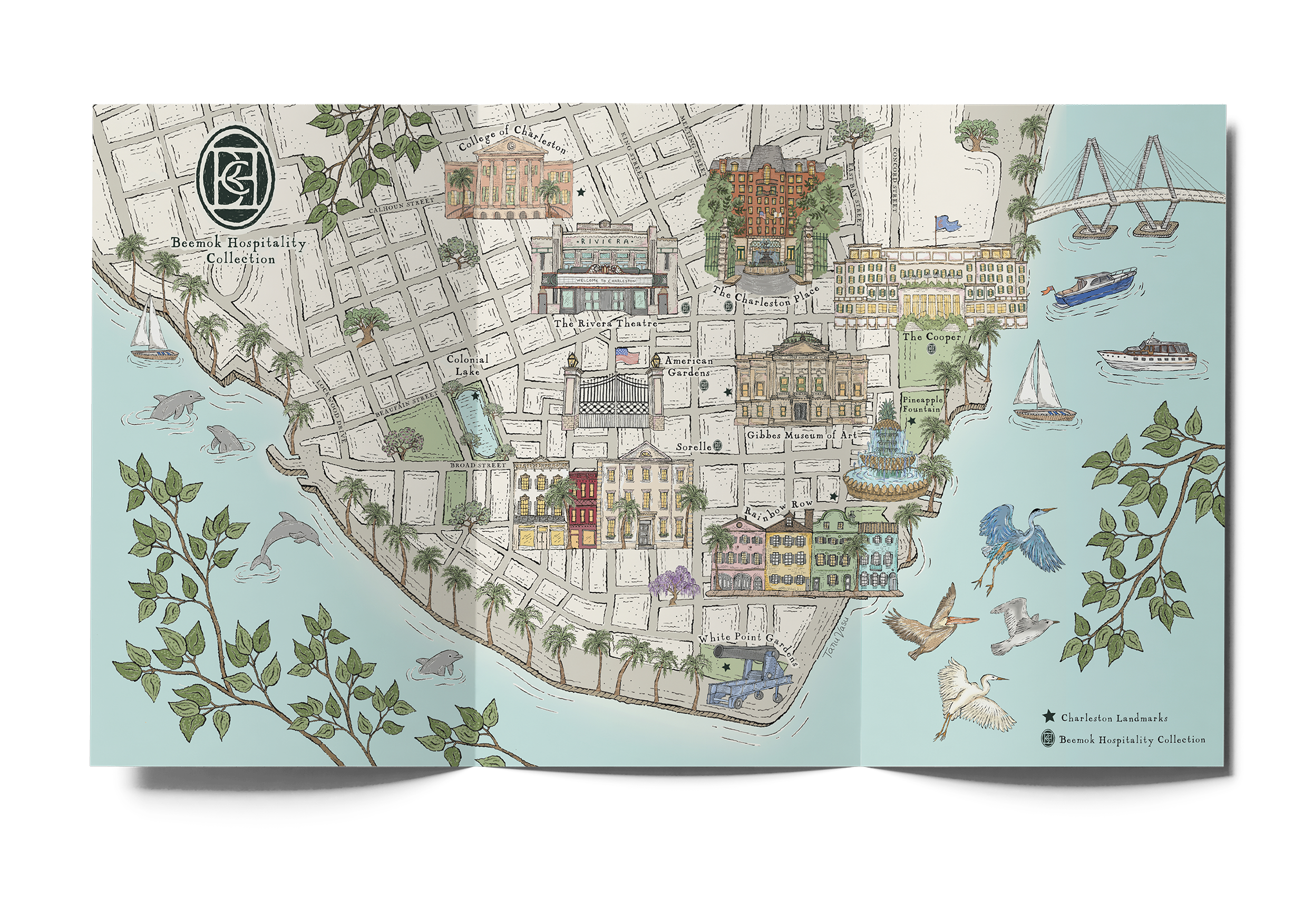 A illustrated map of Charleston, featuring landmarks such as College of Charleston, The Rivera Theatre, Gibbes Museum of Art, and Beemok Hospitality Collection, with water bodies and boats, surrounded by trees and birds.