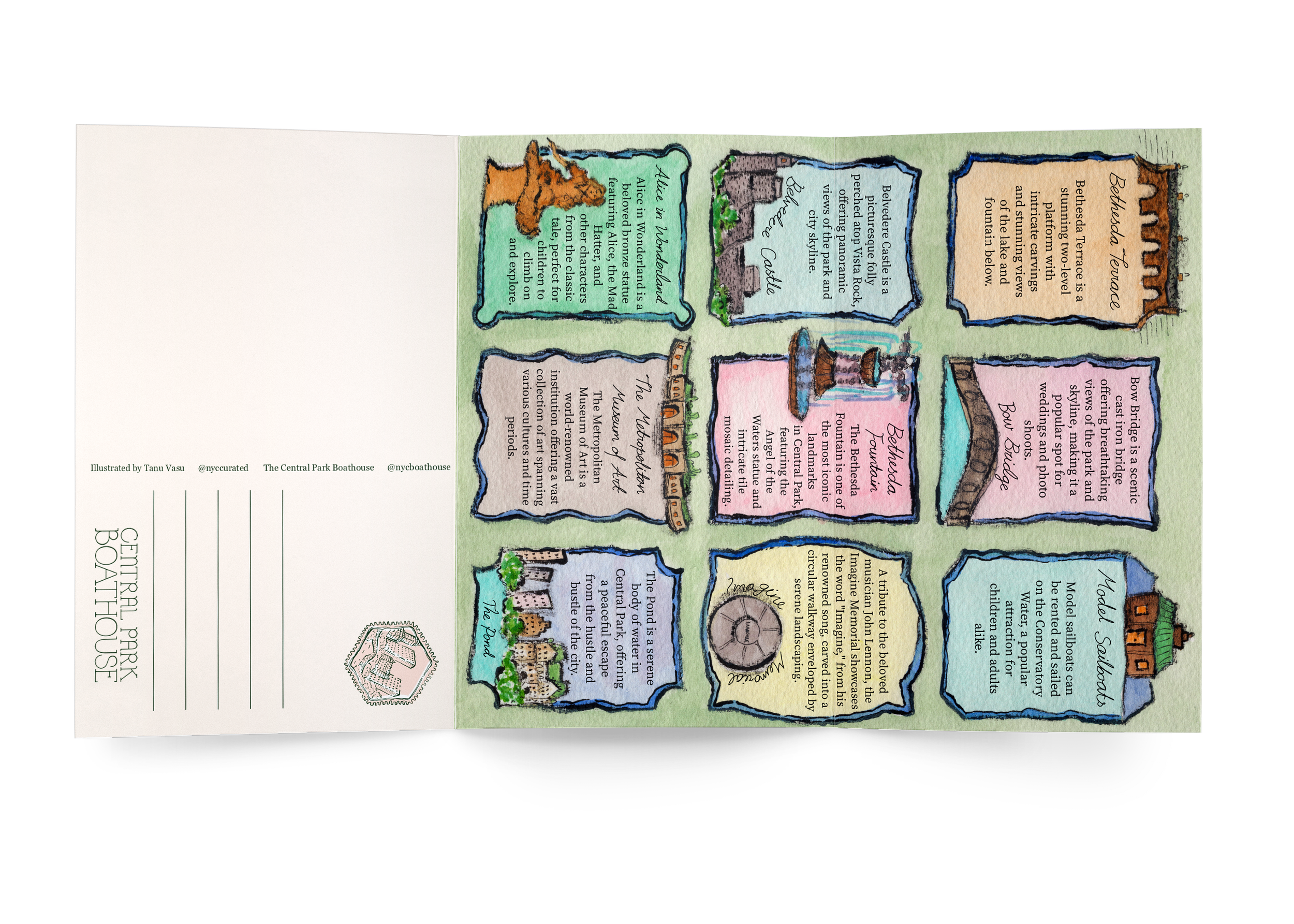 Illustrated postcard about Central Park Boathouse and nearby attractions, featuring colorful sections with descriptions and small drawings of landmarks.