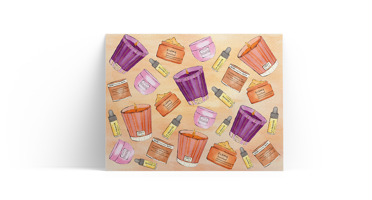 Pattern of mixed candles and skincare products on a beige background, including purple and orange candles, pink containers, small bottles, and brown boxes labeled 'Elemis' and 'Peter Thomas Roth'.