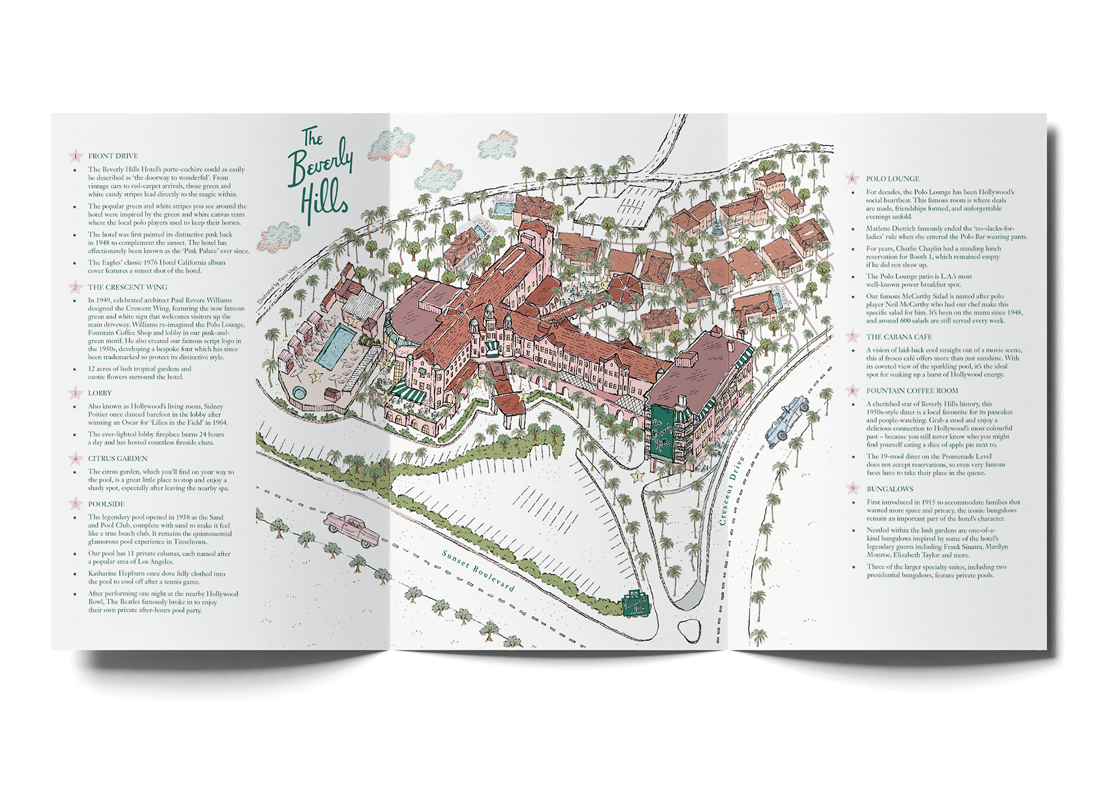 A colorful illustrated map of Beverly Hills, showing buildings, roads, and greenery with labeled sections and descriptions on the sides.