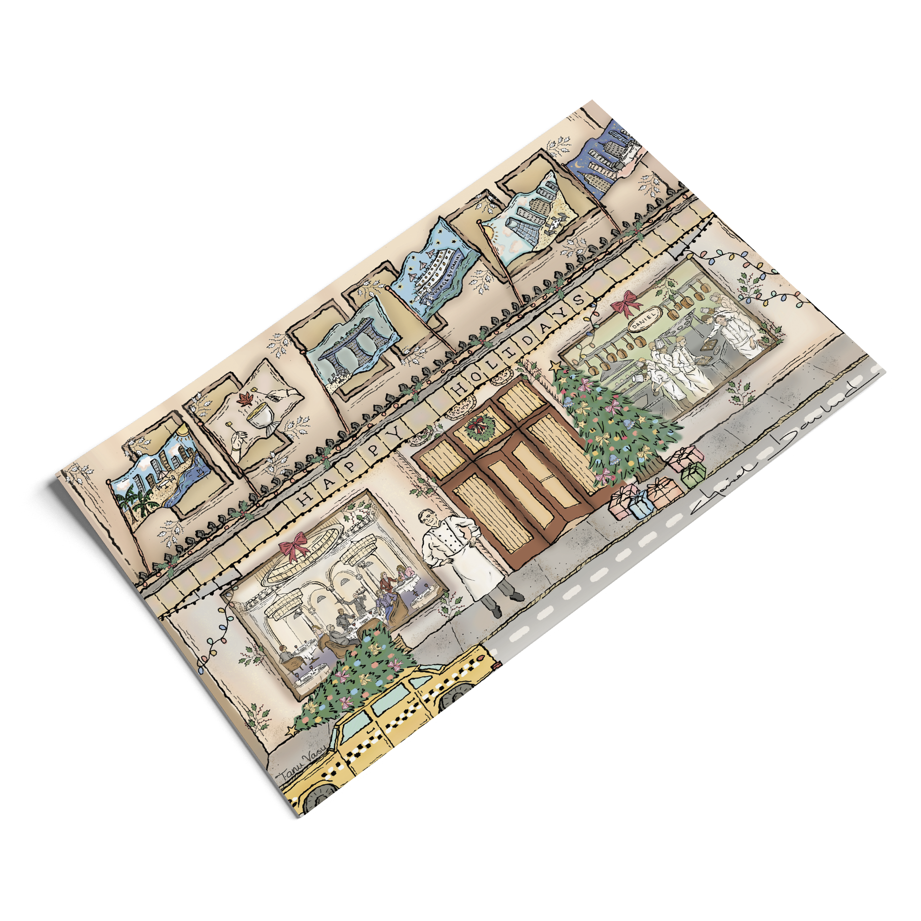 An illustration post card for David Baloud of a decorated storefront window display for a holiday-themed shop, featuring wrapped presents, a Christmas tree, and holiday ornaments, with the message 'HAPPY HOLIDAY'S' above the window.