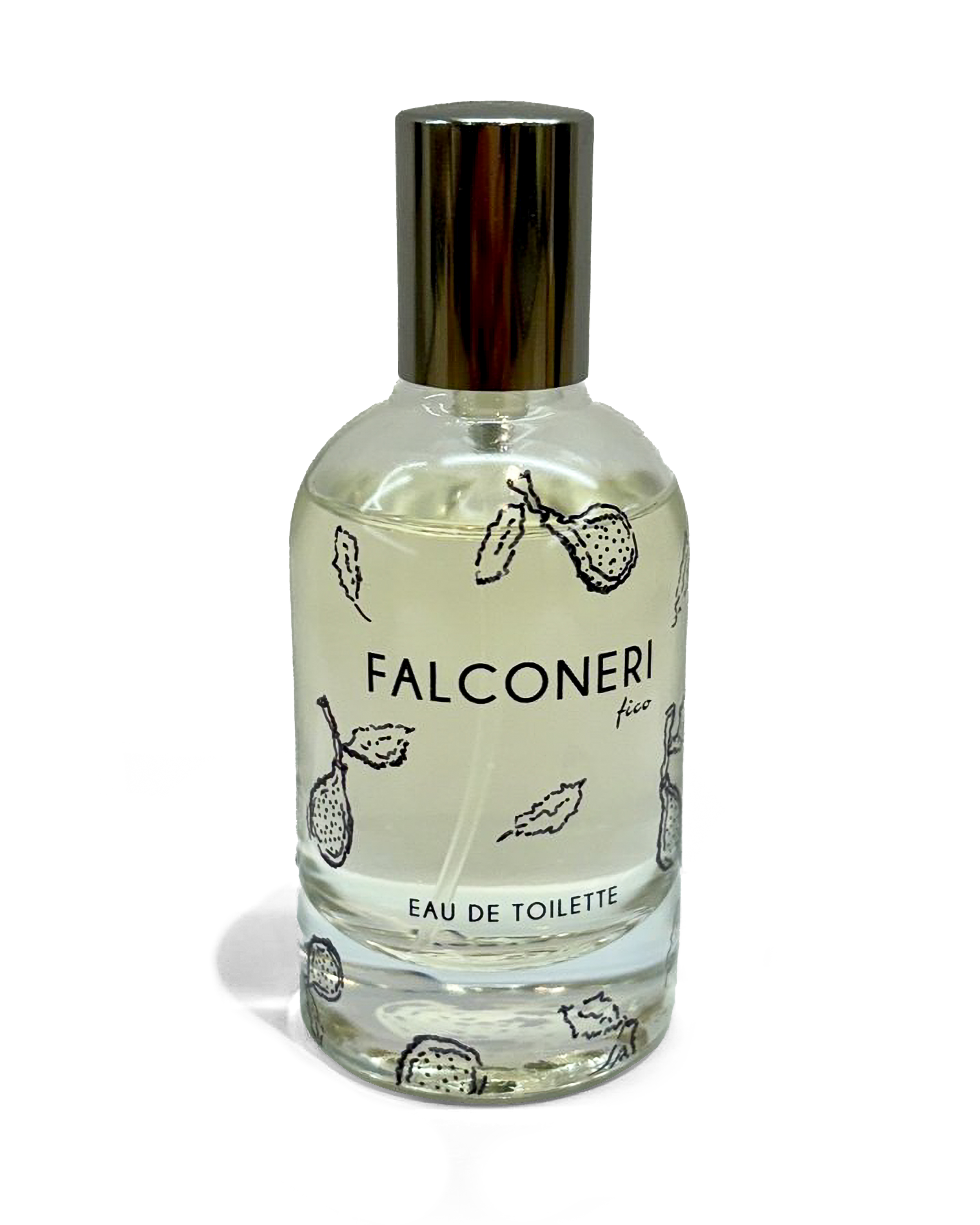 A clear glass bottle of Falconeri Fico Eau de Toilette with a metallic cap, decorated with illustrations of figs and leaves, placed against a background split between black and white.
