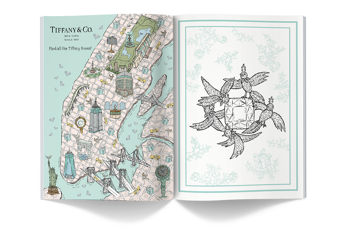 Open illustrated map of New York City with Tiffany & Co. branding, showing landmarks, bridges, and a bear with a star, along with a coloring page of a bird with a large gem surrounded by floral patterns.