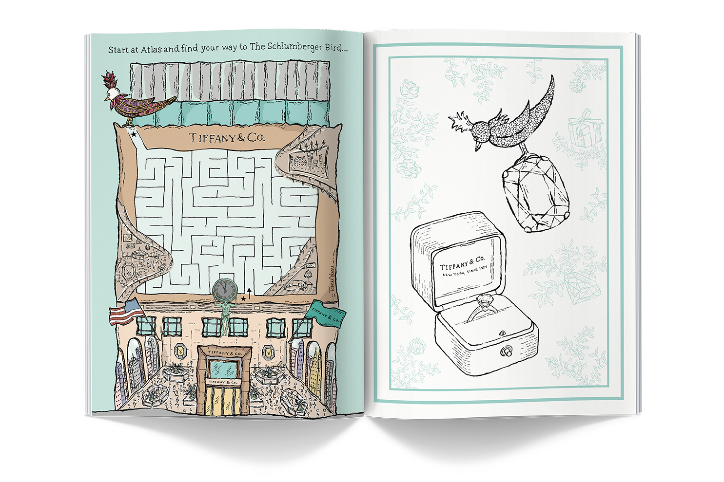 Illustration of the Tiffany & Co. building with a maze puzzle on the left page and a sketch of a jewelry box with a bird and a large gemstone on the right page.