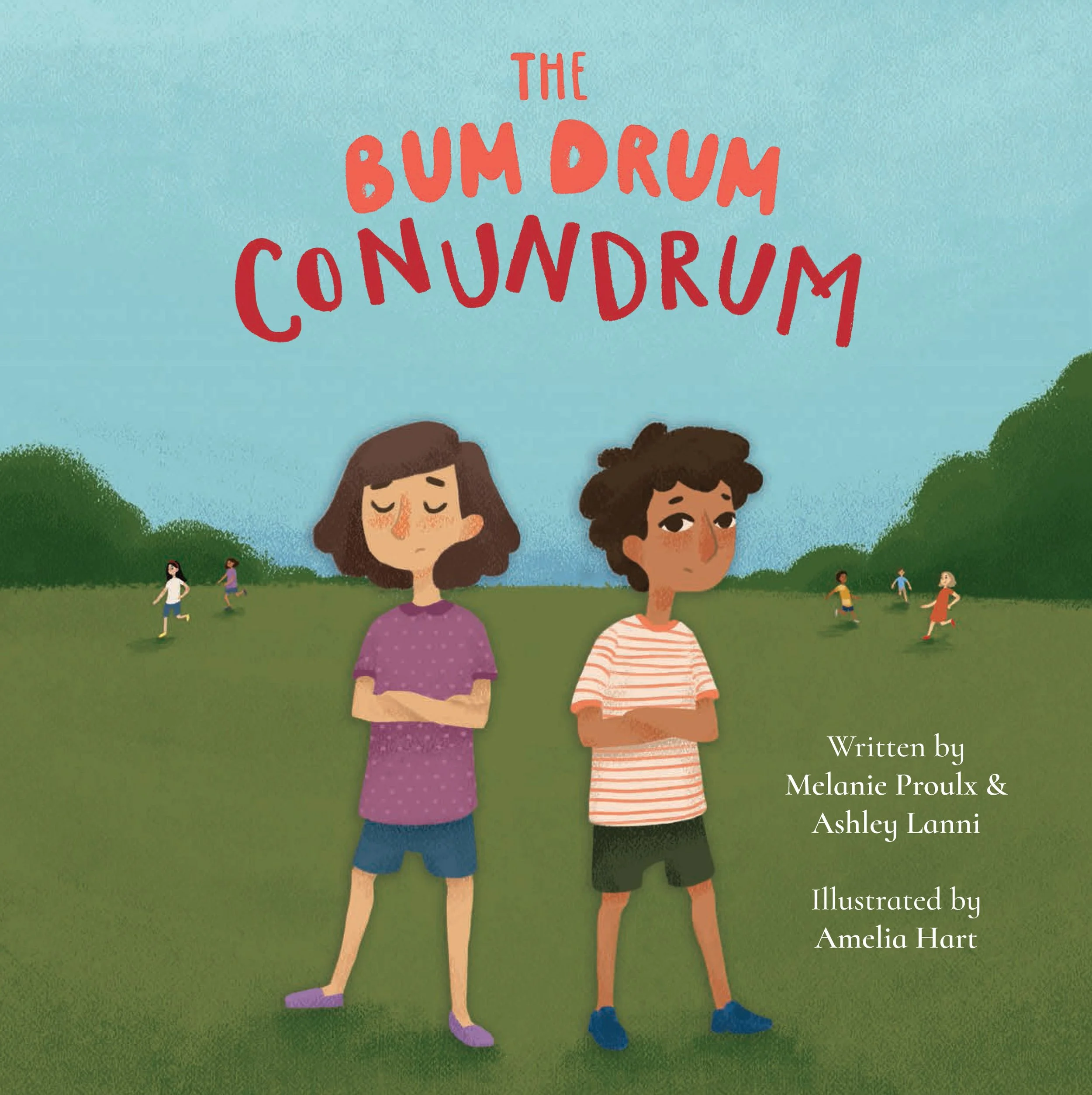 The cover of The Bum Drum Conundrum, a picture book about consent. Two kids are facing away from each other as if they are mad at each other. There are other kids playing tag in the background.