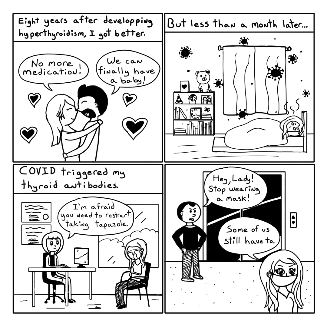 A four panel comic strip. The first panel has a happy couple ready to have a baby. The second panel shows the woman is sick. The third panel shows her needing to restart thyroid medication. The fourth panel shows her being harassed for wearing a mask