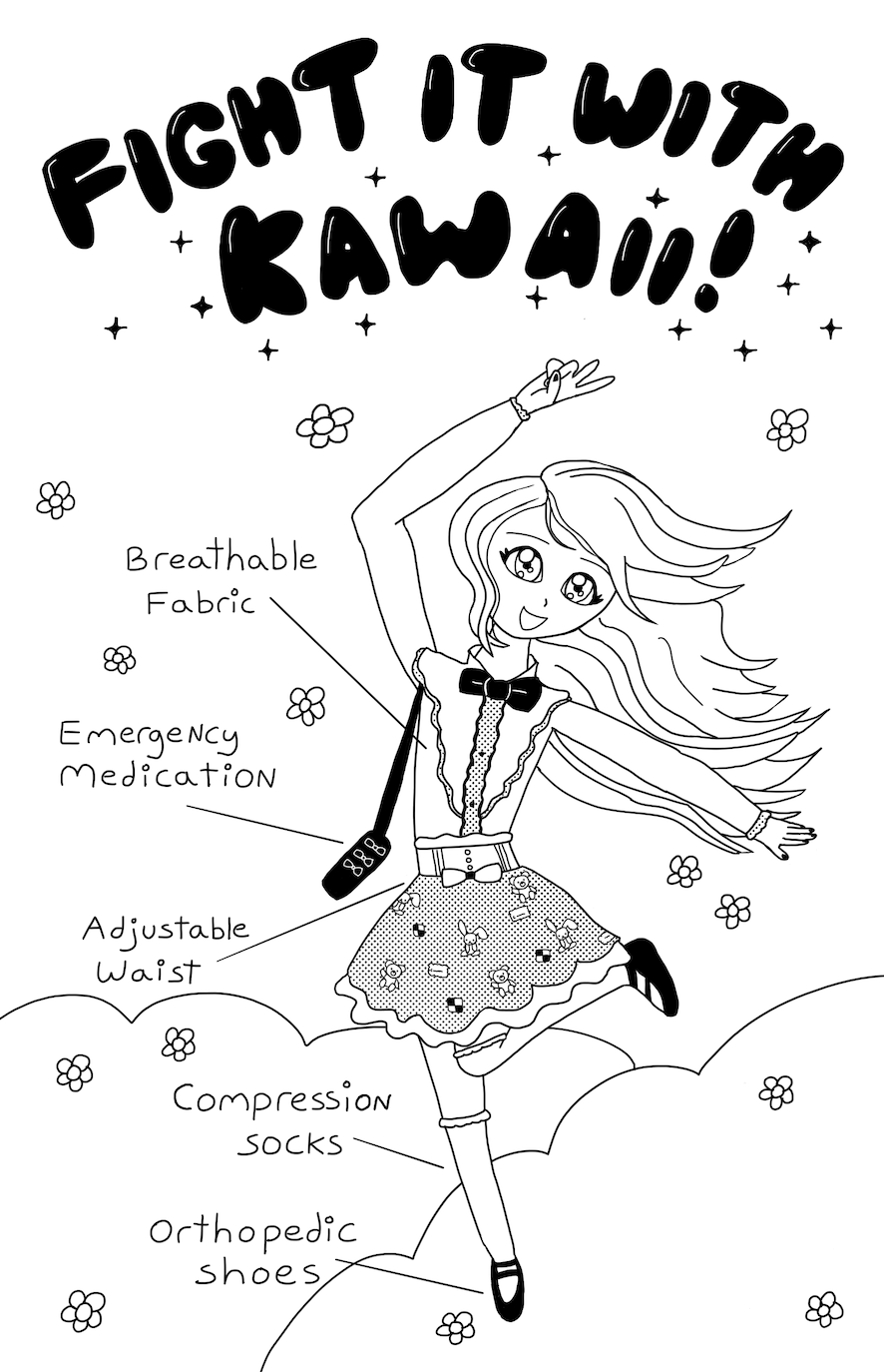 The second page of the comic. A kawaii girl poses surrounded by flowers. The textbox reads "fight it with kawaii." Each element of her outfit has a description to show how it helps her flare-up symptoms.