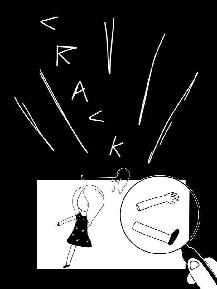 A page from the Drawn to Trauma graphic memoir. In this page of the graphic novel, Mel has fallen from the sky and crashed on a panel below. Her left arm an leg have been severed from the fall.