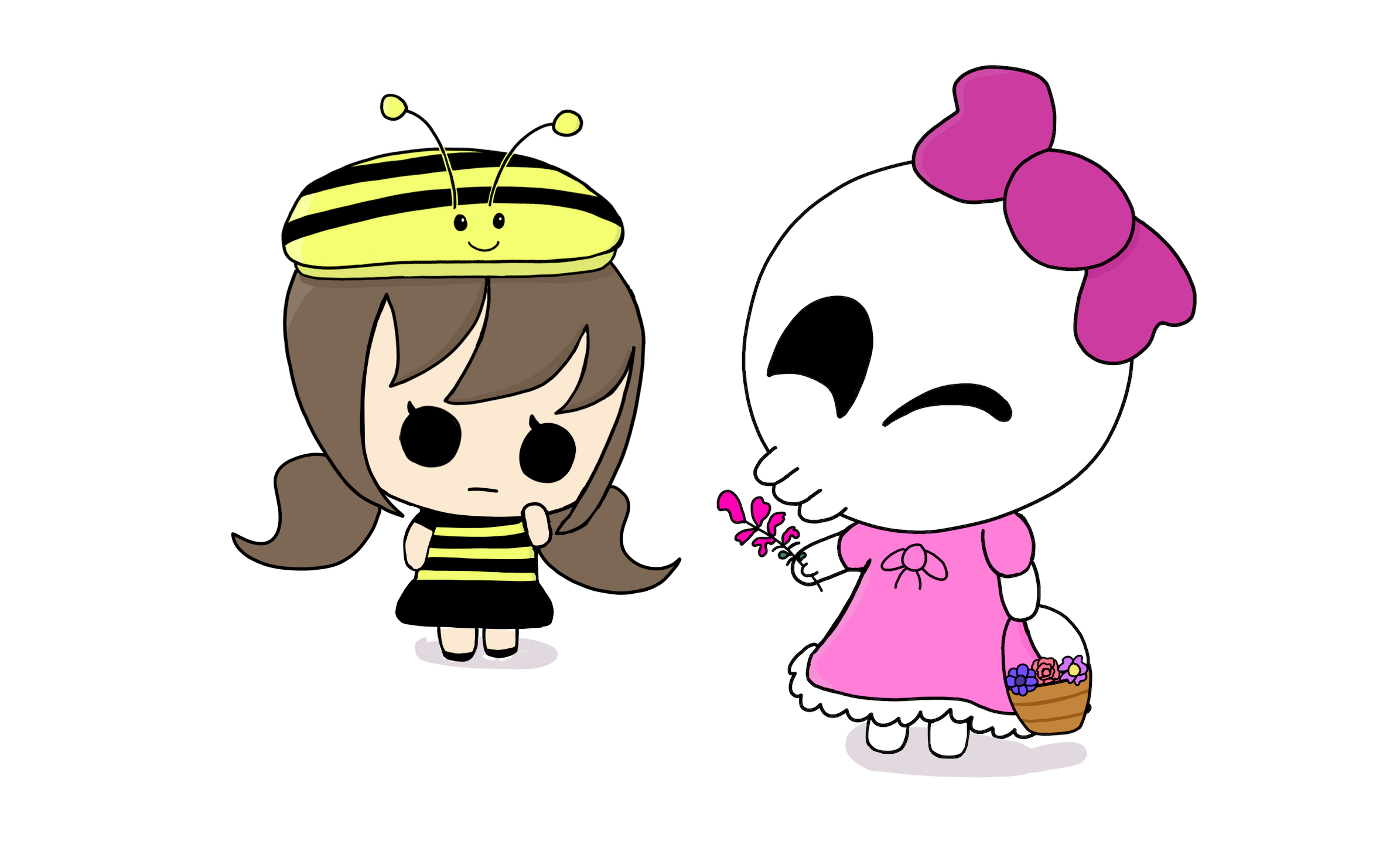 Graphic memoir character art. Two characters from Melanie's graphic novel. A cute skeleton girls holds out a snapdragon for a cute girl dressed as a bee.