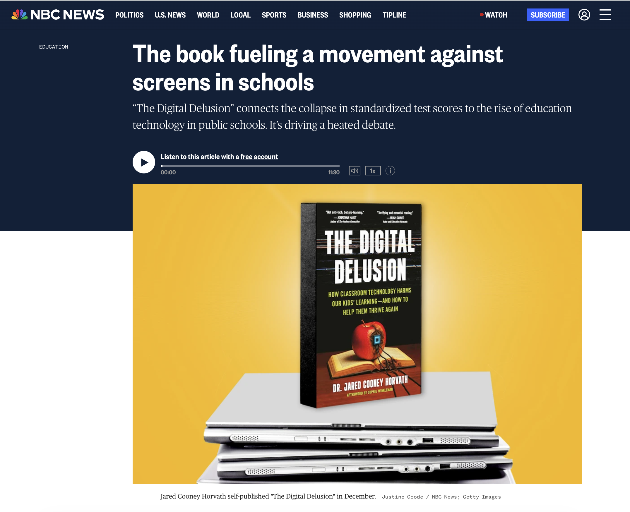 Screenshot of an NBC News article titled “The book fueling a movement against screens in schools,” with a header image showing Jared Cooney Horvath’s book *The Digital Delusion* standing on a stack of laptop computers against a yellow background.