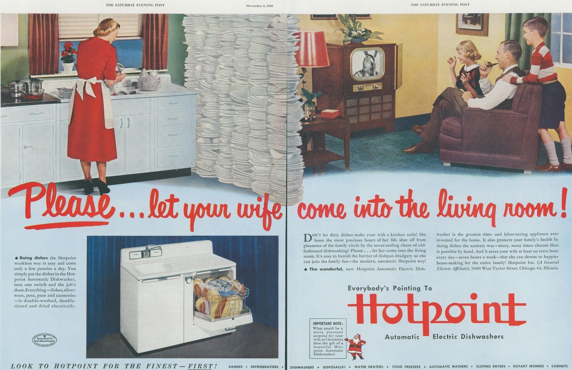An advertisement for Hotpoint automatic dishwashers from 1950. A woman is hand washing a mountain of dishes while the rest of her family watch television in the next room. The ad positions the dishwasher as saving the woman from her kitchen "exile."