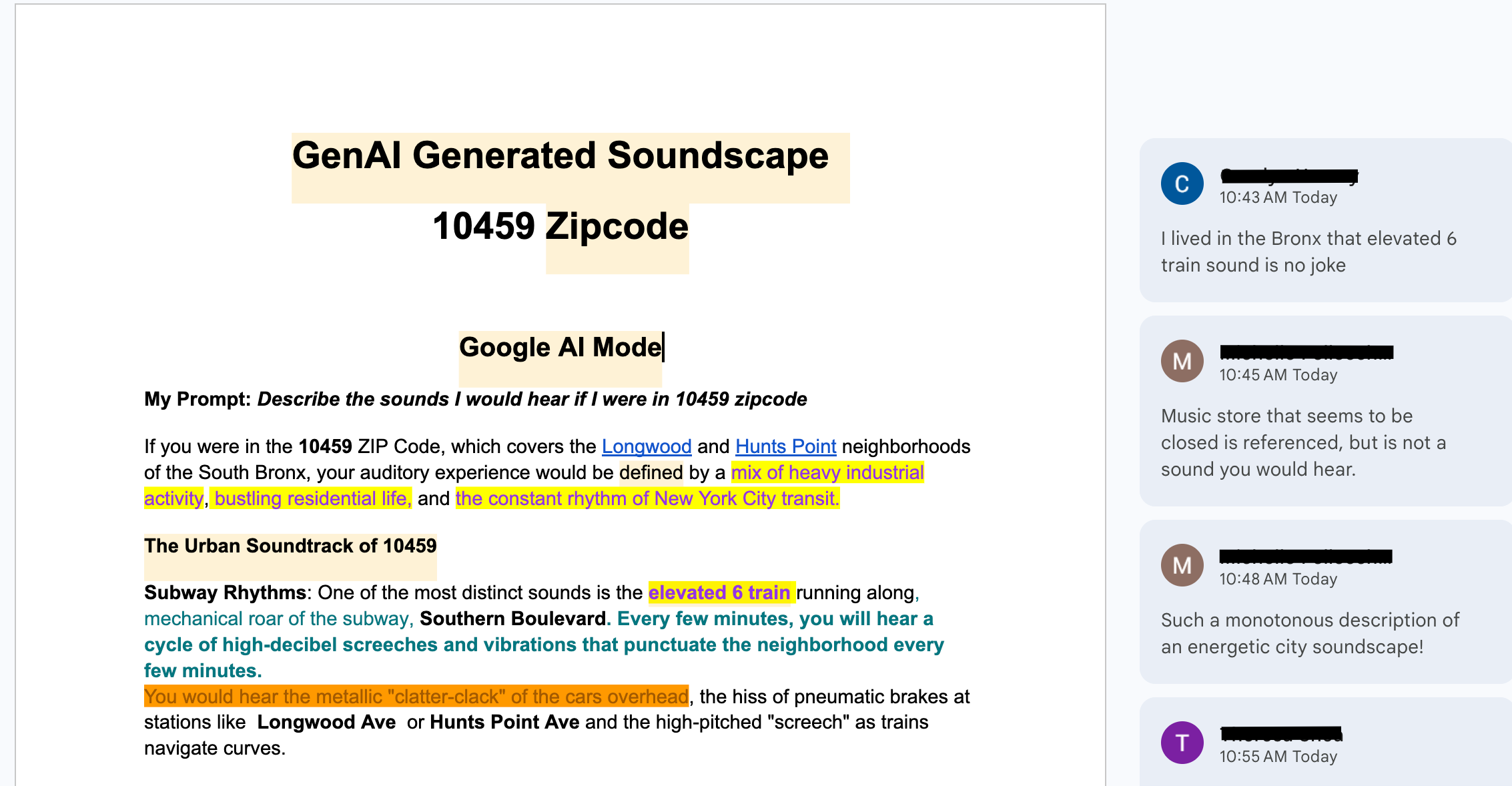 Google doc of GenAI generated scoundscapes for the South Bronx with annotations from teachers.